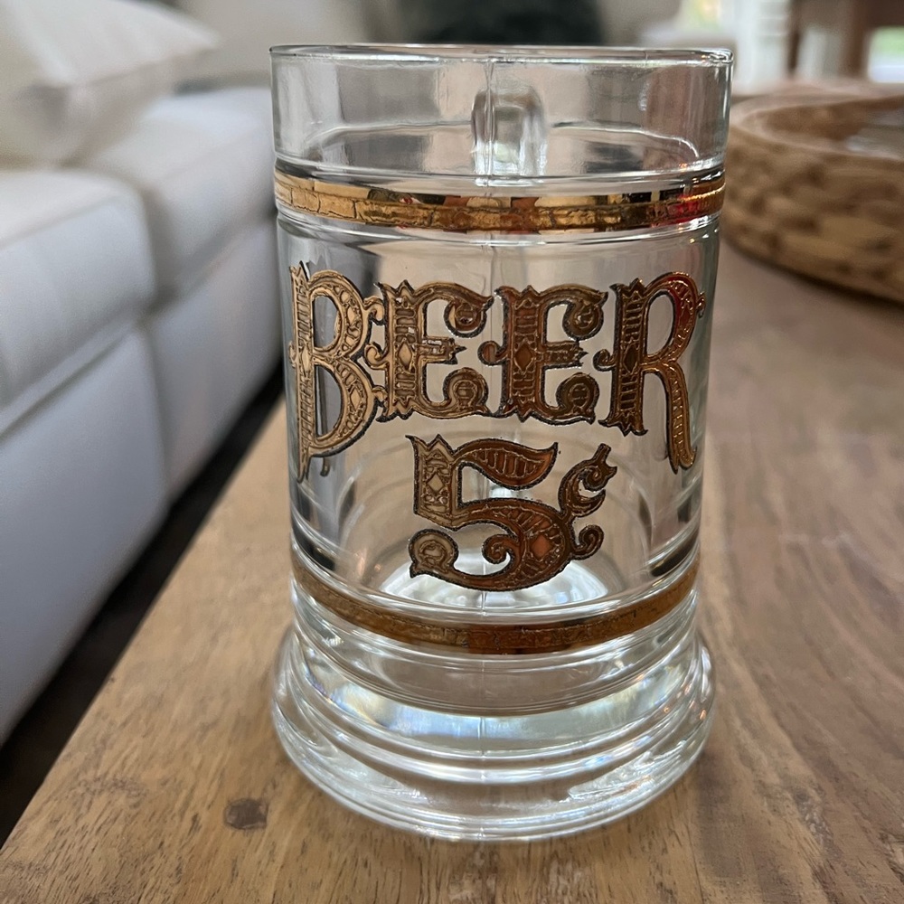 Clear Glass Beer Mug Stein Gold Letters Beer 5 Cents